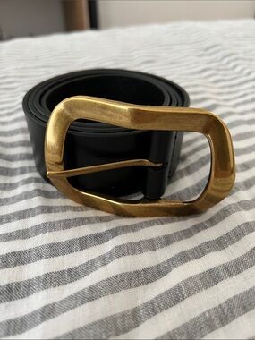 Anthropologie Black Leather Belt with Distressed Gold Oval Buckle